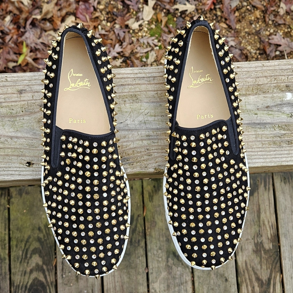 Men's Christian Louboutin Black Suede Spike-Studded Luxury Loafers Size 10 US - Picture 3 of 16